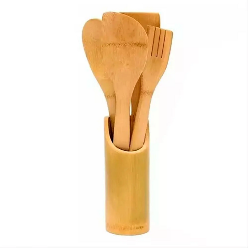 Conjunto de Utensílios de Cozinha em Bambu – 4 Peças com Copo